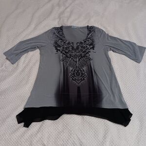 Gray Black Chiffon Hem Damask Print Beaded 3/4 Sleeve Blouse‎ Size L